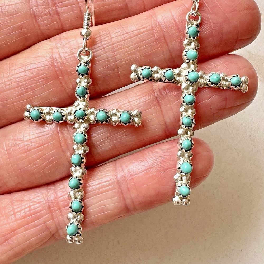 Native American Cross Earrings Zuni Sleeping Beauty Turquoise Sterling Silver - Picture 2 of 8